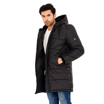 Men's Black Puffer Long Leather Hooded Jacket