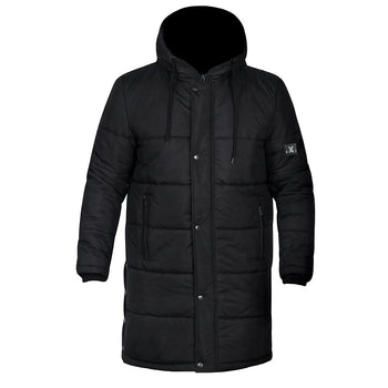 Men's Black Puffer Long Leather Hooded Jacket