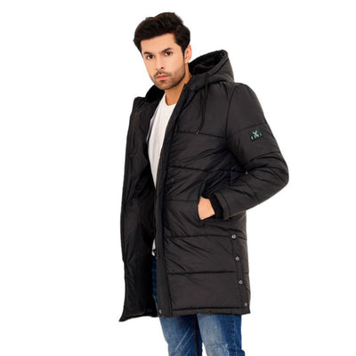 Men's Black Puffer Long Leather Hooded Jacket